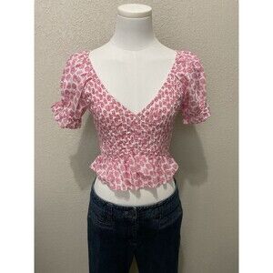 Billabong, Women’s, Pink, Balloon Sleeve, Deep V-Neck, Cropped Blouse, Size: S